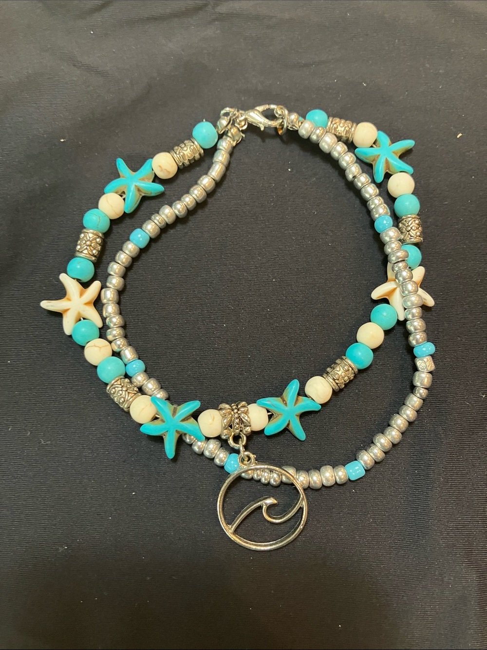 Turquoise Starfish Double-Strand Beaded Bracelet with Wave Charm
